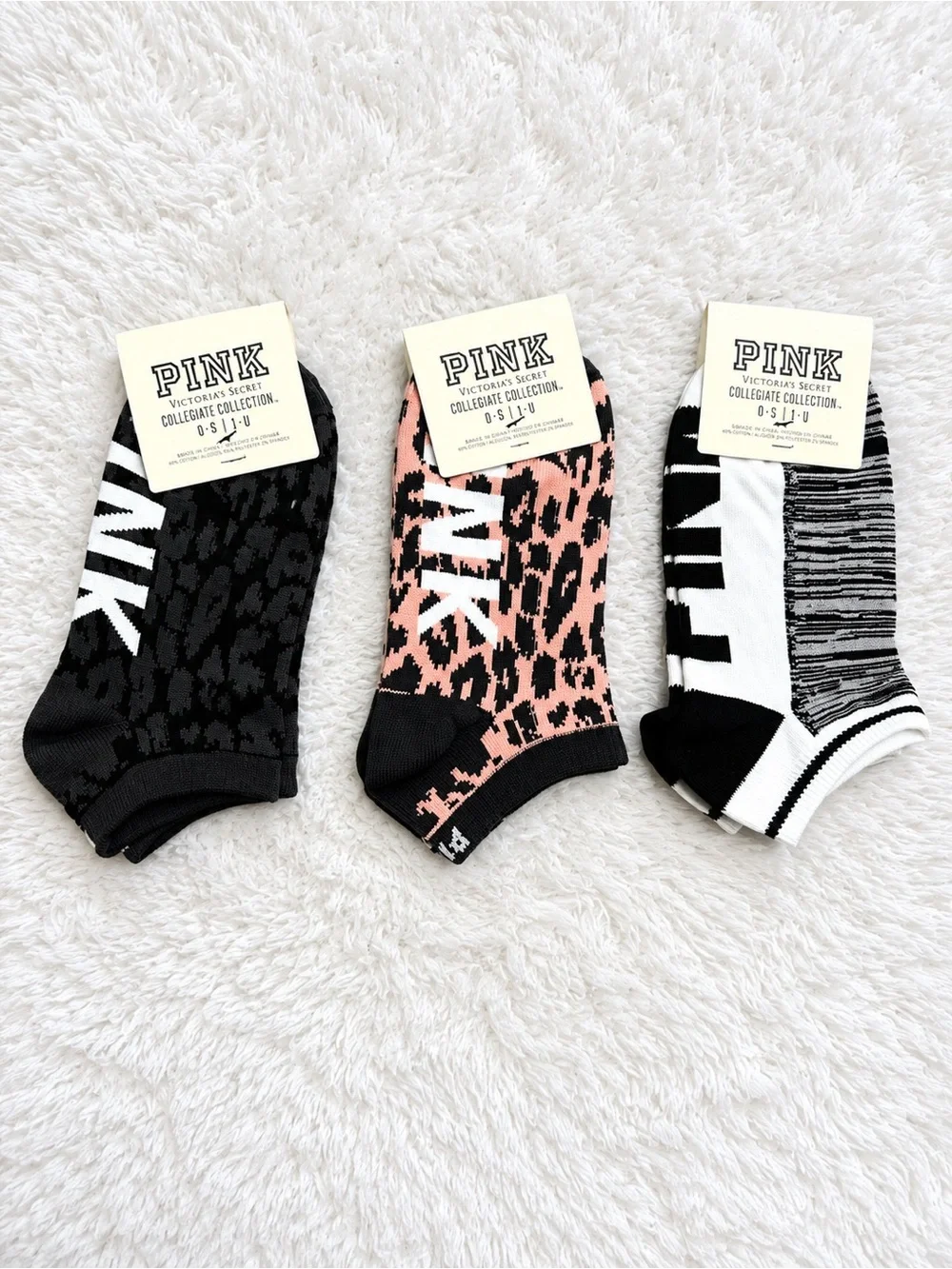 Victoria’s Secret PINK Collegiate Collection No Show Socks 3 Pair Logo NWT